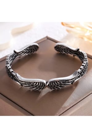 Gümüş Antik Desenli Kelepçe Bileklik - Melek Kanadı Figürlü Oksitli Kelepçe Bileklik – Gümüş Renk Kararmaz Çelik Vintage Ayarlanabilir Unisex Kadın Erkek Takı