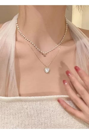 Çift Sıra Katmanlı İnci Kalp Sarkıtlı 14K Gold Çerçeveli Kolye - Kalp Detaylı Romantik Kadın Kolye