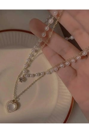 Çift Sıra Katmanlı İnci Kalp Sarkıtlı 14K Gold Çerçeveli Kolye - Kalp Detaylı Romantik Kadın Kolye