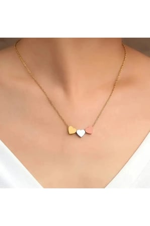 Üç Renkli Üç Kalp Figürlü Çelik Kolye - 14K Gold Gümüş Rose Kararmaz Minimal Kadın Kolye