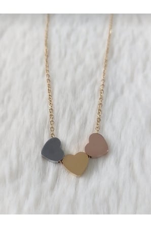 Üç Renkli Üç Kalp Figürlü Çelik Kolye - 14K Gold Gümüş Rose Kararmaz Minimal Kadın Kolye