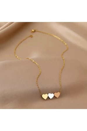 Üç Renkli Üç Kalp Figürlü Çelik Kolye - 14K Gold Gümüş Rose Kararmaz Minimal Kadın Kolye