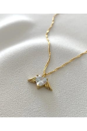 Melek Kanatlı Kalp Taşlı 14K Gold Çelik Kolye - Zirkon Taşlı Romantik Kararmaz Vintage Kadın Kolye