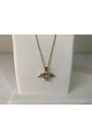 Melek Kanatlı Kalp Taşlı 14K Gold Çelik Kolye - Zirkon Taşlı Romantik Kararmaz Vintage Kadın Kolye