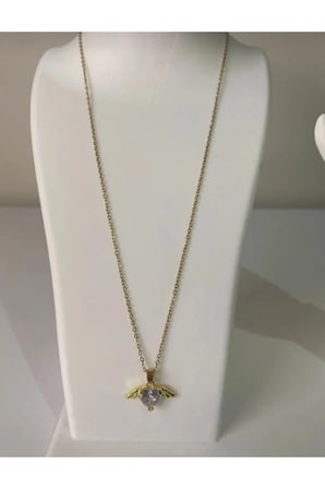 Melek Kanatlı Kalp Taşlı 14K Gold Çelik Kolye - Zirkon Taşlı Romantik Kararmaz Vintage Kadın Kolye