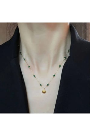 Yeşil Kristal Boncuklu Deniz Kabuğu Figürlü 14K Gold Çelik Kolye - Yazlık Kararmaz Kadın Kolye