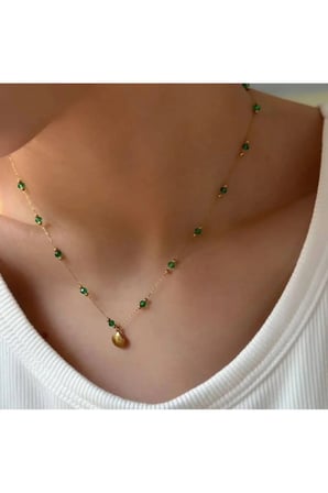 Yeşil Kristal Boncuklu Deniz Kabuğu Figürlü 14K Gold Çelik Kolye - Yazlık Kararmaz Kadın Kolye