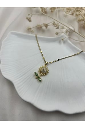 14K Altın Kaplama Ayçiçeği Çiçek Kolye - Vintage Sevimli Kararmaz Antialerjik Canlı Parlak Renk Solmaz Şık Hediyelik Kadın Kolye