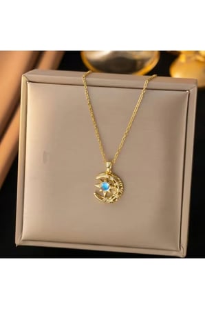 Mavi Taşlı Güneş ve Ay Kolye – 14K Gold Kararmaz Çelik Gökyüzü Temalı Zirkon Taşlı Kadın Kolye