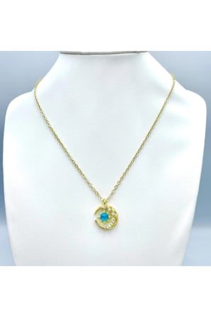 Mavi Taşlı Güneş ve Ay Kolye – 14K Gold Kararmaz Çelik Gökyüzü Temalı Zirkon Taşlı Kadın Kolye