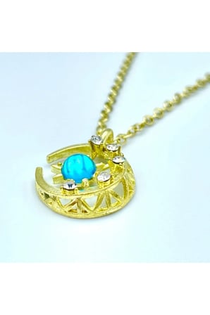 Mavi Taşlı Güneş ve Ay Kolye – 14K Gold Kararmaz Çelik Gökyüzü Temalı Zirkon Taşlı Kadın Kolye