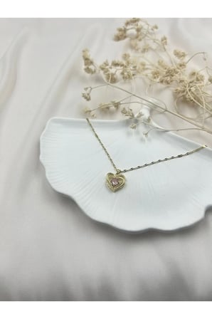 Altın Kaplama Pembe Taşlı Kalp Kolye - Sevimli Kararmaz Antialerjik Vintage Solmaz Şık Hediyelik Kadın Kolye