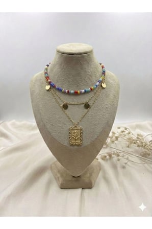 Katmanlı Renkli Boncuk Madalyon Kolye Set - Vintage Bohem Kararmaz Antialerjik Solmaz Şık Trend Kadın Kolye Seti