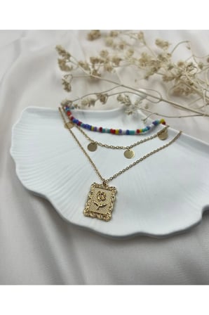 Katmanlı Renkli Boncuk Madalyon Kolye Set - Vintage Bohem Kararmaz Antialerjik Solmaz Şık Trend Kadın Kolye Seti