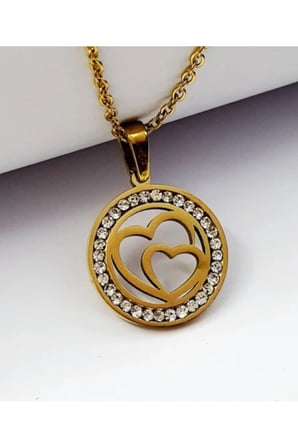 İç İçe İki Kalp Figürlü Yuvarlak Kolye – 14K Gold Kararmaz Çelik Zirkon Taşlı Kadın Kolyesi