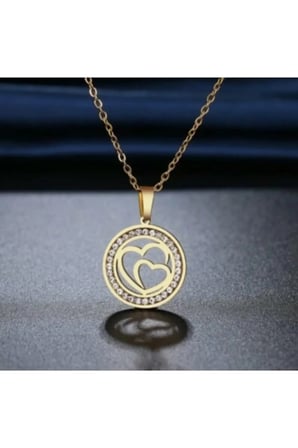 İç İçe İki Kalp Figürlü Yuvarlak Kolye – 14K Gold Kararmaz Çelik Zirkon Taşlı Kadın Kolyesi