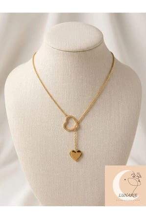 İkili Kalp Figürlü Sallantılı Kolye – 14K Gold Kararmaz Çelik Lariat Y Model Zarif Kadın Kolyesi