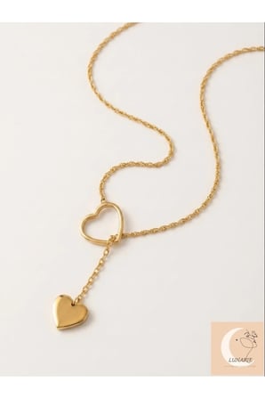 İkili Kalp Figürlü Sallantılı Kolye – 14K Gold Kararmaz Çelik Lariat Y Model Zarif Kadın Kolyesi