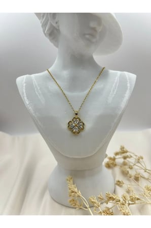 Dört Yapraklı Yonca Figürlü Zirkon Taşlı Gold Çelik Kolye – Vintage Kararmaz Paslanmaz Şık Kadın Takı