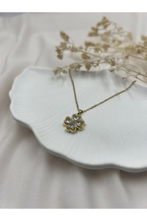 Dört Yapraklı Yonca Figürlü Zirkon Taşlı Gold Çelik Kolye – Vintage Kararmaz Paslanmaz Şık Kadın Takı