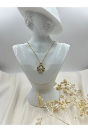 Dört Yapraklı Yonca Figürlü Zirkon Taşlı Gold Çelik Kolye – Vintage Kararmaz Paslanmaz Şık Kadın Takı