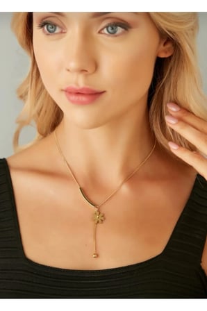 Vintage Çiçek Figürlü Sallantılı Kolye – 14K Gold Kaplama Kararmaz Çelik Lariat Y Model Zarif Kadın Kolyesi