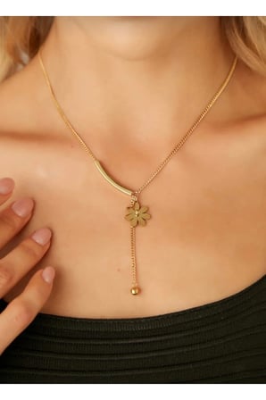 Vintage Çiçek Figürlü Sallantılı Kolye – 14K Gold Kaplama Kararmaz Çelik Lariat Y Model Zarif Kadın Kolyesi
