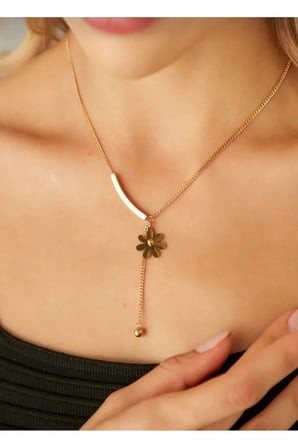 Vintage Çiçek Figürlü Sallantılı Kolye – 14K Gold Kaplama Kararmaz Çelik Lariat Y Model Zarif Kadın Kolyesi