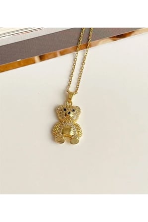 Zirkon Taşlı Ayıcık Kolye – 14K Gold Kaplama Kararmaz Çelik Sevimli Oyuncak Ayı Kadın Kolyesi