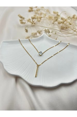 14K Altın Katmanlı Zirkon Çubuk Kolye - Modern Kararmaz Antialerjik Vintage Solmaz Şık Trend Kadın Kolye