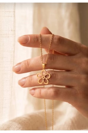 Çizgisel Çiçek Figürlü Kolye – 14K Gold Kararmaz Çelik Geometrik Minimal Kadın Kolyesi