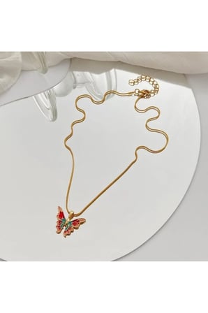 Renkli Mineli Kelebek Kolye – 14K Gold Kararmaz Çelik Yılan Zincirli Zarif Kadın Kolyesi