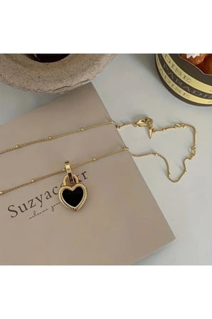 Burgu Kenarlı Siyah Kalp Kolye – 14K Gold Kararmaz Çelik Top Zincirli Vintage Kadın Kolyesi