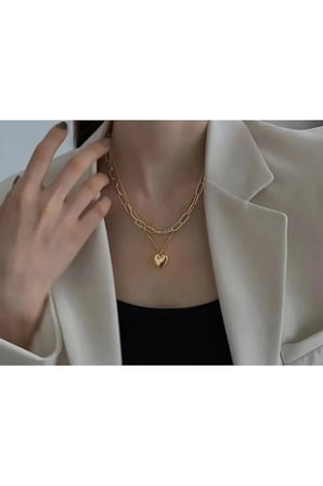Kalın Ataş Zincirli Dolgun Kalp Kolye – 14K Gold Kararmaz Çelik İkili Katmanlı Kadın Kolyesi