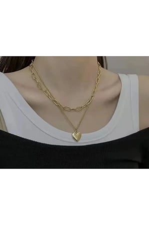 Kalın Ataş Zincirli Dolgun Kalp Kolye – 14K Gold Kararmaz Çelik İkili Katmanlı Kadın Kolyesi