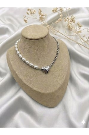 Gümüş Kaplama İnci Kalp Asimetrik Kolye - Modern Kararmaz Antialerjik Vintage Solmaz Şık Hediyelik Kadın Kolye