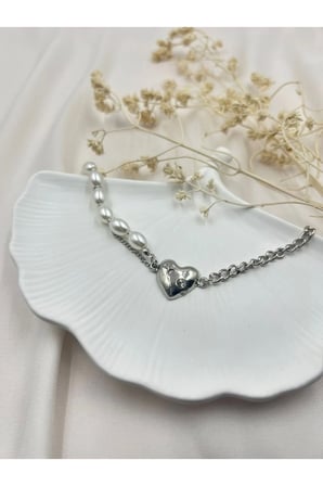 Gümüş Kaplama İnci Kalp Asimetrik Kolye - Modern Kararmaz Antialerjik Vintage Solmaz Şık Hediyelik Kadın Kolye