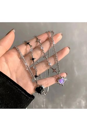 Mor Kalp Yıldız Detaylı Gümüş Renk Çelik Kolye – Kararmaz İkili Katmanlı Gotik Kadın Kolyesi