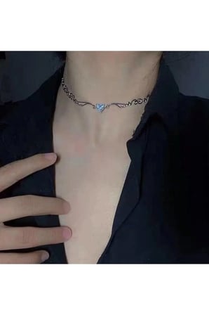 Melek Kanatlı Kristal Kalp Kolye – Gümüş Renk Kararmaz Çelik Vintage Gotik Y2K Choker Kolyesi