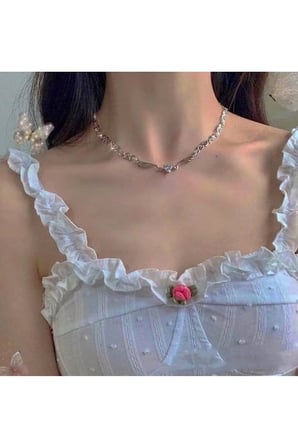 Melek Kanatlı Kristal Kalp Kolye – Gümüş Renk Kararmaz Çelik Vintage Gotik Y2K Choker Kolyesi