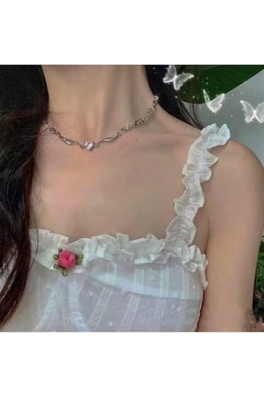 Melek Kanatlı Kristal Kalp Kolye – Gümüş Renk Kararmaz Çelik Vintage Gotik Y2K Choker Kolyesi