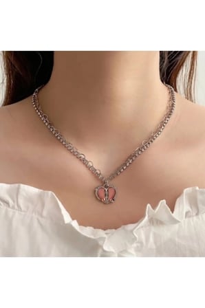 Şeftali Tonlu Vintage Kalp Kolye – Gümüş Renk İkili Su Yolu Zincirli Zirkon Taşlı Y2K Kadın Kolyesi