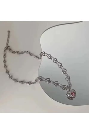 Kalp Zincirli Pembe Taşlı Kalp Kolye – Gümüş Renk Kararmaz Çelik Y2K Coquette Vintage Kadın Kolyesi