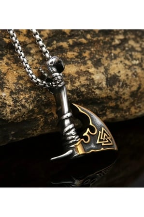 Valknut Sembollü Viking Baltası Kolye – Eskitme Çift Renk Kararmaz Çelik Erkek Kolyesi