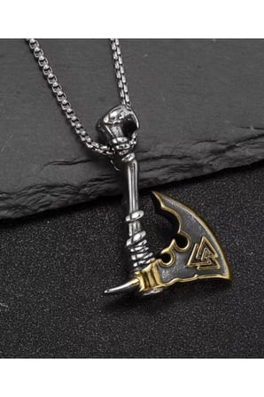 Valknut Sembollü Viking Baltası Kolye – Eskitme Çift Renk Kararmaz Çelik Erkek Kolyesi