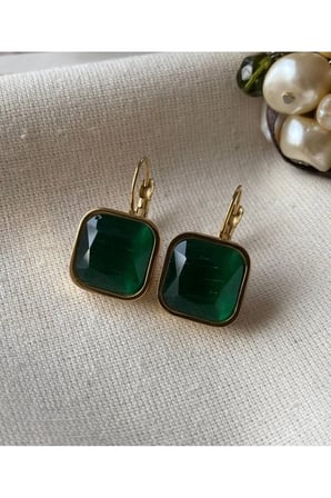 Yeşil Zümrüt Kare Taşlı Fransız Kancalı Sallantılı Küpe - Vintage Kararmaz Antialerjik Solmaz Şık Trend Kadın Küpe