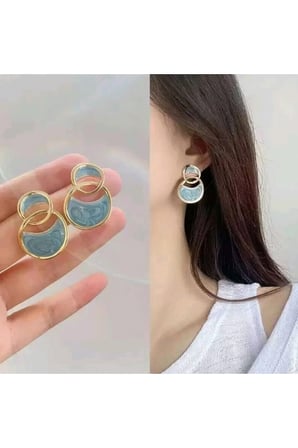 Mavi Mineli Çift Altın Halka Küpe - Modern Kararmaz Antialerjik 14K Çerçeve Solmaz Şık Hediyelik Yeni Sezon Trend Kadın Küpe