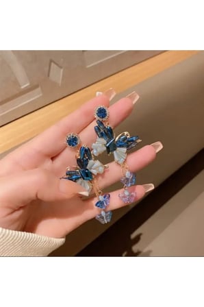 Mavi Kelebek Çiçek Uzun Statement Küpe - Vintage Gösterişli Kararmaz Antialerjik Solmaz Şık Hediyelik Yeni Sezon Kadın Küpe