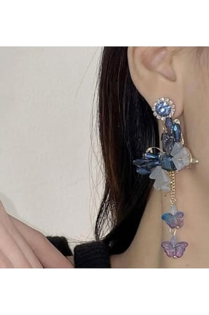 Mavi Kelebek Çiçek Uzun Statement Küpe - Vintage Gösterişli Kararmaz Antialerjik Solmaz Şık Hediyelik Yeni Sezon Kadın Küpe