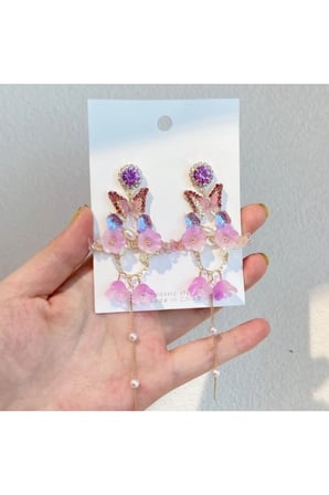 Mor Lale Kristal Çiçek Uzun Zincir Sallantılı Küpe - Gösterişli Kararmaz Antialerjik Vintage Solmaz Şık Trend Kadın Küpe